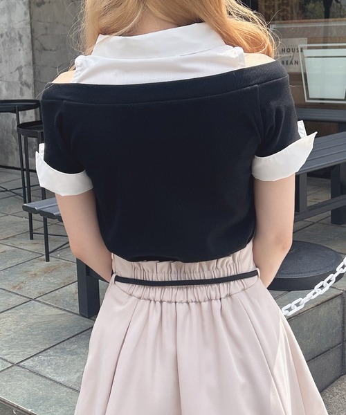 INGNI（イング）の「シャツドッキングオフショルリブトップス（Tシャツ/カットソー・レディース・ブラック系/ブラック×ホワイト/ピンク系7・M）」の7枚目の写真