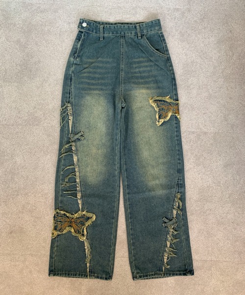 Teem Store(チームストア)の「バタフライワッペンフリンジデザインワイドデニム(デニムパンツ・レディース・ブルー・M/S)」の4枚目の写真