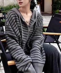 フード付きジッパーボーダーカーディガン