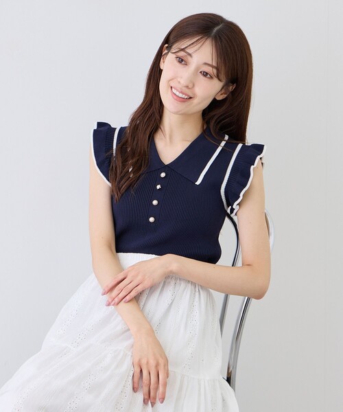 Jayro(ジャイロ)の「フリル袖配色ラインニット(ニット/セーター・レディース・ベージュ系その他/ブルー系その他2/ピンク系その他/ブラック系その他/ホワイト系その他2・M)」の7枚目の写真