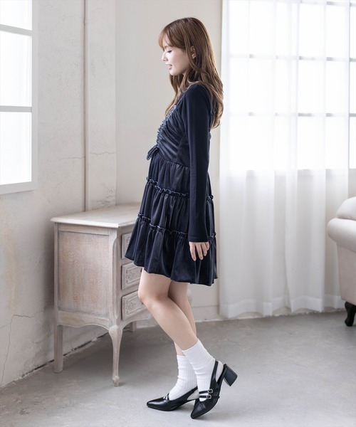 clear（クリア）の「ドロストリボンベロアミニワンピース［骨格ウェーブ／ガーリー］（ワンピース・レディース・チャコールグレー/ピンク/ライトベージュ/ブラウン・F）」の9枚目の写真