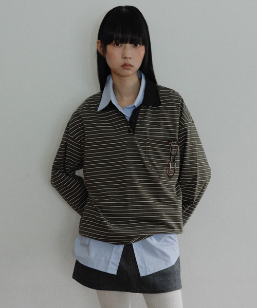 EN OR（エンオール）の「[CORE] STRIPED RUGBY SHIRT - KHAKI（Tシャツ/カットソー・レディース・その他・FREE）」の2枚目の写真