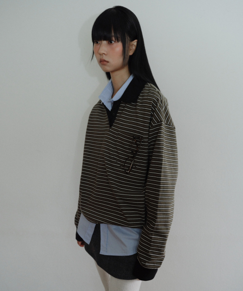 EN OR（エンオール）の「[CORE] STRIPED RUGBY SHIRT - KHAKI（Tシャツ/カットソー・レディース・その他・FREE）」の3枚目の写真