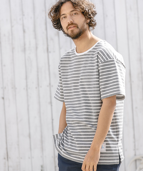 Jih Nunc（ジーヌンク）の「msw460-オーバーサイズミニ裏毛ボーダースウェット（スウェット・メンズ・グレー/ブルー/ネイビー/レッド・L/M/S）」の2枚目の写真