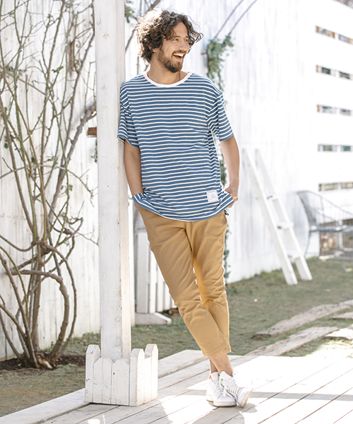 Jih Nunc（ジーヌンク）の「msw460-オーバーサイズミニ裏毛ボーダースウェット（スウェット・メンズ・グレー/ブルー/ネイビー/レッド・L/M/S）」の8枚目の写真