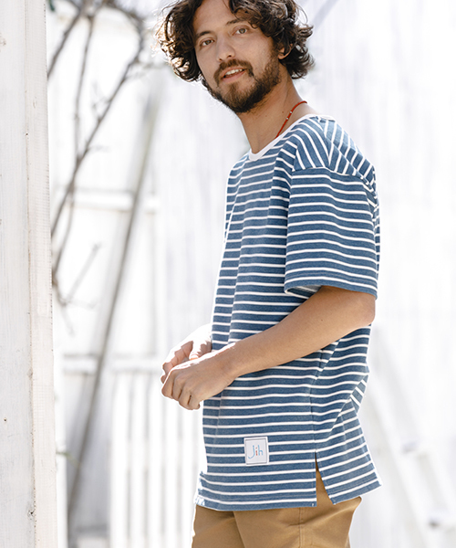 Jih Nunc（ジーヌンク）の「msw460-オーバーサイズミニ裏毛ボーダースウェット（スウェット・メンズ・グレー/ブルー/ネイビー/レッド・L/M/S）」の11枚目の写真