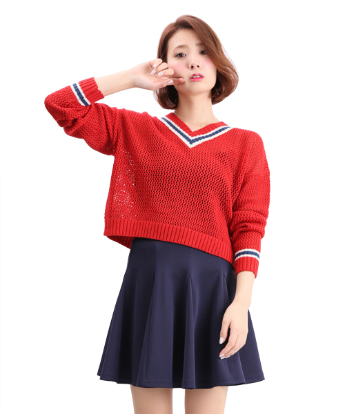 WEGO（ウィゴー）の「WEGO/メッシュチルデンニット（ニット/セーター・レディース・オフホワイト/ネイビー/レッド・FREE）」の3枚目の写真