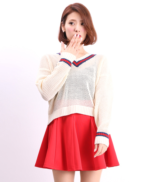 WEGO（ウィゴー）の「WEGO/メッシュチルデンニット（ニット/セーター・レディース・オフホワイト/ネイビー/レッド・FREE）」の2枚目の写真