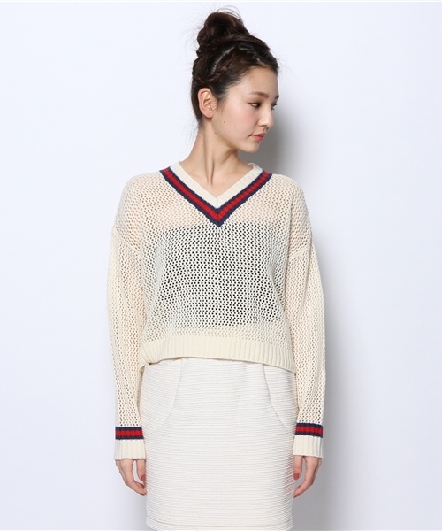WEGO（ウィゴー）の「WEGO/メッシュチルデンニット（ニット/セーター・レディース・オフホワイト/ネイビー/レッド・FREE）」の5枚目の写真