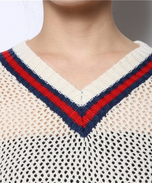 WEGO（ウィゴー）の「WEGO/メッシュチルデンニット（ニット/セーター・レディース・オフホワイト/ネイビー/レッド・FREE）」の8枚目の写真