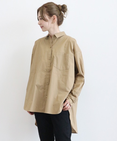 AMERICAN HOLIC(アメリカンホリック)の「2WAY前後差バックタックシャツチュニック 〇*(シャツ/ブラウス・レディース・ベージュ/ネイビー/オフホワイト/ストライプ/チェック・FREE)」の1枚目の写真