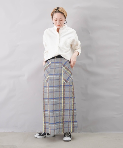 BLANC basque 綿ツイル パールボタン バンドカラー シャツ カーキ BLANC basque 綿ツイル パールボタン バンドカラー シャツ
