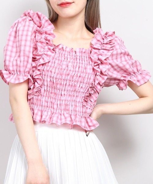 WC（ダブル シー）の「チェックフリルシャーリングブラウス（シャツ/ブラウス・レディース・ピンク/オレンジ/ライトパープル・FREE）」の3枚目の写真