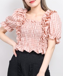 チェックフリルシャーリングブラウス