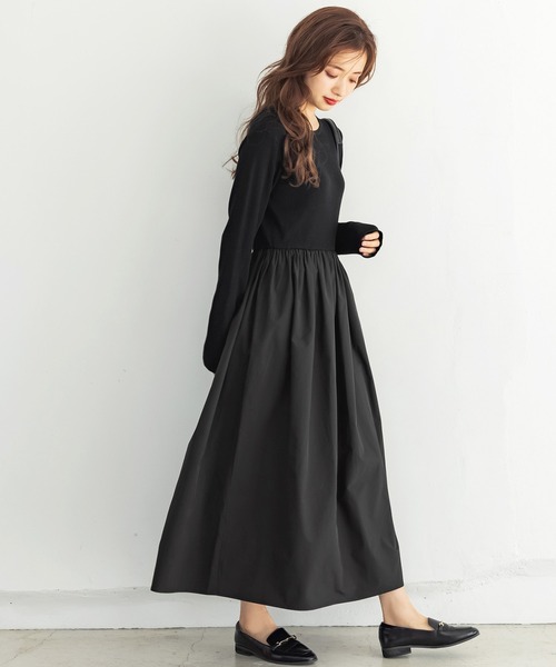 coca(coca)(コカ)の「異素材切り替えリブニットワンピース(ワンピース・レディース・ブラック・SHORT/LONG)」の1枚目の写真