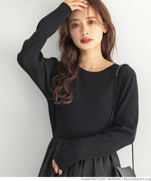 coca(coca)(コカ)の「異素材切り替えリブニットワンピース(ワンピース・レディース・ブラック・SHORT/LONG)」の2枚目の写真