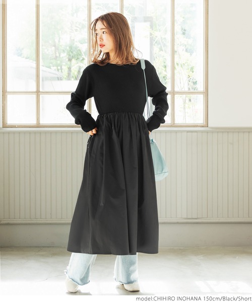 coca(coca)(コカ)の「異素材切り替えリブニットワンピース(ワンピース・レディース・ブラック・SHORT/LONG)」の3枚目の写真