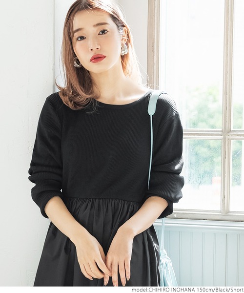 coca(coca)(コカ)の「異素材切り替えリブニットワンピース(ワンピース・レディース・ブラック・SHORT/LONG)」の7枚目の写真