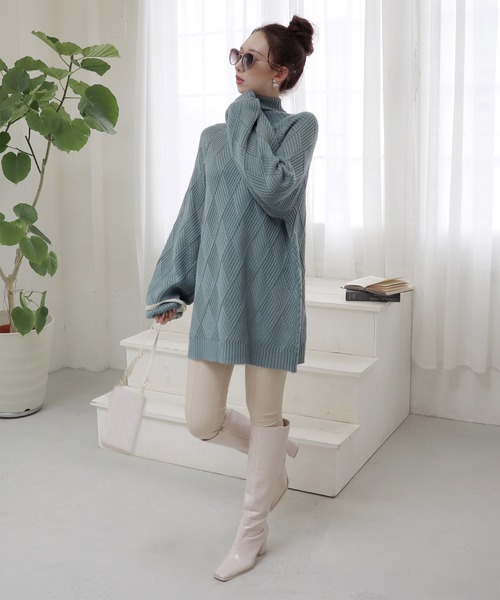 オフタートルケーブルニットチュニック ニット セーター Royal トップス Royal Party ロイヤルパーティー のファッション お年玉セール特価