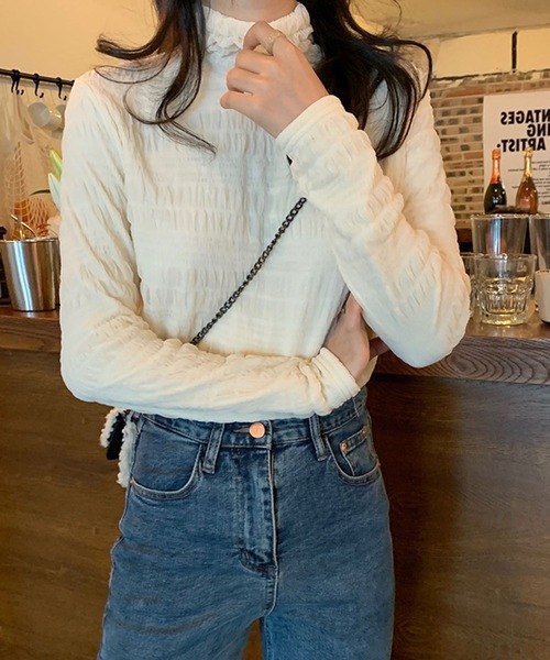 meJane(ミージェーン)の「シャーリングシアーハイネックトップス【ZOZOTOWN限定】(Tシャツ/カットソー・レディース・ブラック/オフホワイト・FREE)」の5枚目の写真