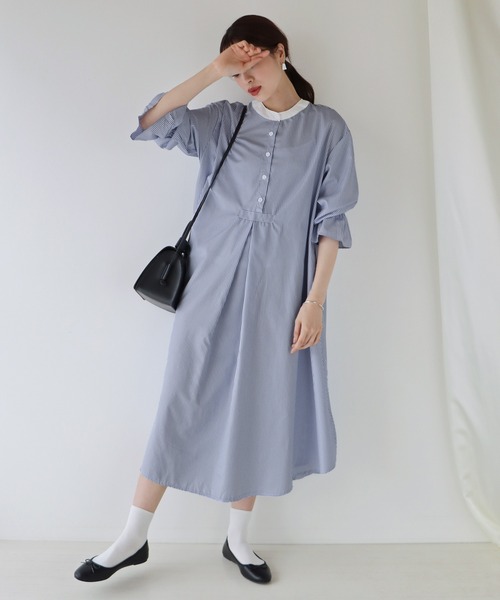 BLUEEAST（ブルーイースト）の「ボリュームスリーブストライプシャツワンピース（シャツワンピース・レディース・グリーン/ネイビー/サックスブルー/ピンク・MEDIUM）」の3枚目の写真