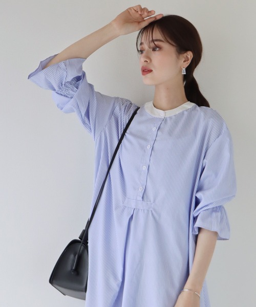 BLUEEAST（ブルーイースト）の「ボリュームスリーブストライプシャツワンピース（シャツワンピース・レディース・グリーン/ネイビー/サックスブルー/ピンク・MEDIUM）」の4枚目の写真