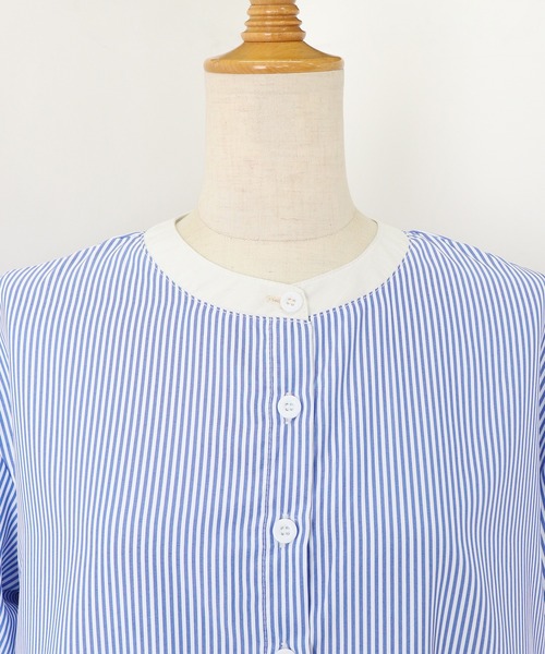 BLUEEAST（ブルーイースト）の「ボリュームスリーブストライプシャツワンピース（シャツワンピース・レディース・グリーン/ネイビー/サックスブルー/ピンク・MEDIUM）」の20枚目の写真