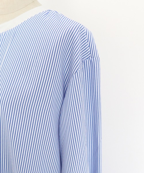 BLUEEAST（ブルーイースト）の「ボリュームスリーブストライプシャツワンピース（シャツワンピース・レディース・グリーン/ネイビー/サックスブルー/ピンク・MEDIUM）」の15枚目の写真