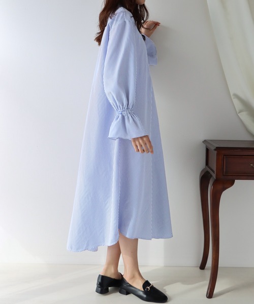 BLUEEAST（ブルーイースト）の「ボリュームスリーブストライプシャツワンピース（シャツワンピース・レディース・グリーン/ネイビー/サックスブルー/ピンク・MEDIUM）」の5枚目の写真