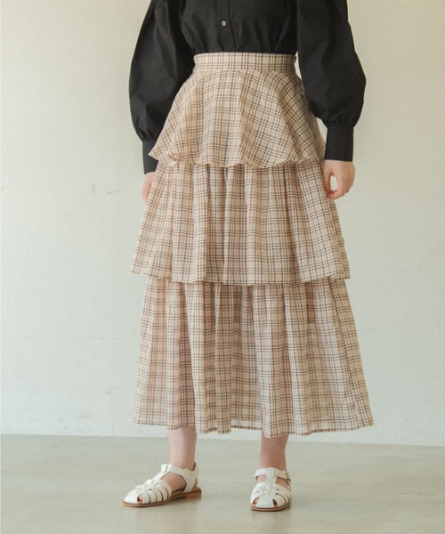 idem(イデム)の「sheer check tiered jumper skirt/シアーチェックティアードジャンスカ(ジャンパースカート・レディース・ブラウン/ブルー・SMALL/FREE)」の4枚目の写真