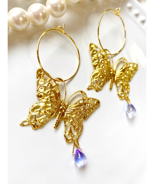 tone(トーン)の「【MUURABBTI】蝶々と雫のフープピアス(MA)(ピアス(両耳用)・レディース・シルバー/ゴールド・FREE)」の5枚目の写真