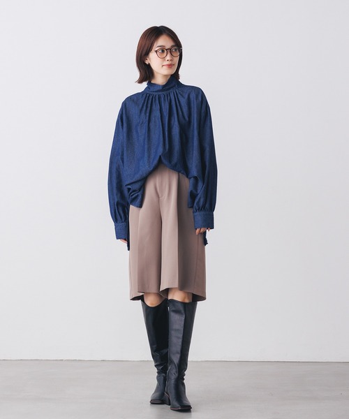 hunch（ハンチ）の「リボンタイ付クラシカルハイネックブラウス l 上品 きれいめ 無地 ボリューム袖 オケージョン 入学式 卒業式（シャツ/ブラウス・レディース・ネイビー・FREE）」の8枚目の写真