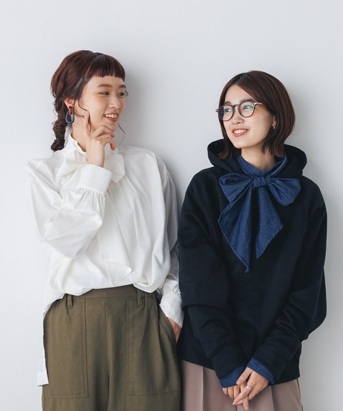 hunch（ハンチ）の「リボンタイ付クラシカルハイネックブラウス l 上品 きれいめ 無地 ボリューム袖 オケージョン 入学式 卒業式（シャツ/ブラウス・レディース・ネイビー・FREE）」の12枚目の写真