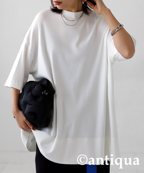 antiqua(アンティカ)の「ベーシックスムース生地Tシャツ(Tシャツ/カットソー・レディース・ブラック/ホワイト/グレイッシュベージュ・FREE)」の2枚目の写真
