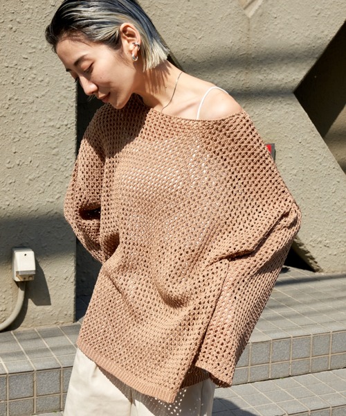 ニット セーター パールホルターネックオフショル透かし編みニットトップス レディース BAB ニット セーター 透かし編みニットトップス レディース