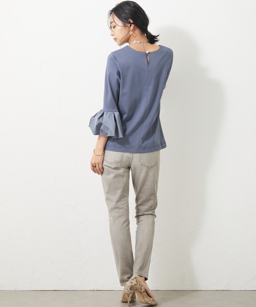 大きいサイズ＞異素材使い袖フリルカットソー シックスタイル（Tシャツ