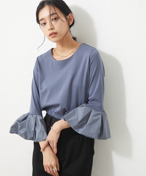大きいサイズ＞異素材使い袖フリルカットソー シックスタイル（T