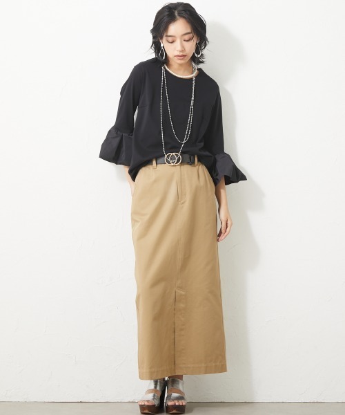 大きいサイズ＞異素材使い袖フリルカットソー シックスタイル（Tシャツ