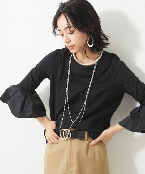 CHIC STYLE(シックスタイル)の「<大きいサイズ>異素材使い袖フリルカットソー シックスタイル(Tシャツ/カットソー・レディース・ブラック/ネイビー系・LL/4L/5L/L/3L)」の9枚目の写真