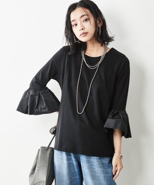 異素材変形リメイクフリルシャツ 個性的 めちゃくちゃ大きいサイズ 大きいサイズ＞異素材使い袖フリルカットソー シックスタイル（Tシャツ