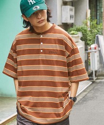 【retock's】ロゴ刺繍 マルチボーダー ビッグシルエットヘンリーネック半袖Tシャツ