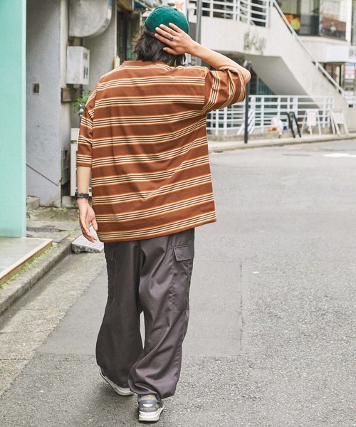 MONO-MART(モノマート)の「【retock's】ロゴ刺繍 マルチボーダー ビッグシルエットヘンリーネック半袖Tシャツ(Tシャツ/カットソー・レディース・ブルー/グリーン/ブラウン/オフホワイト/ブラック/杢グレー・M/L)」の7枚目の写真