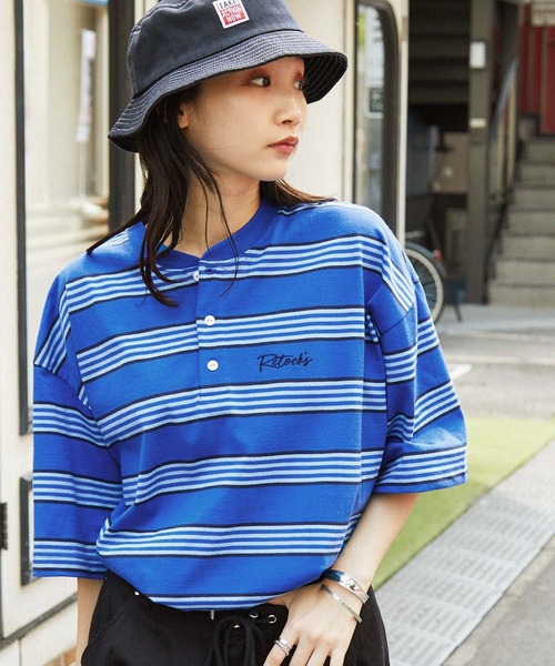 MONO-MART(モノマート)の「【retock's】ロゴ刺繍 マルチボーダー ビッグシルエットヘンリーネック半袖Tシャツ(Tシャツ/カットソー・レディース・ブルー/グリーン/ブラウン/オフホワイト/ブラック/杢グレー・M/L)」の17枚目の写真