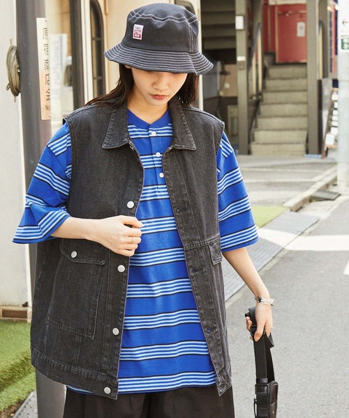 MONO-MART(モノマート)の「【retock's】ロゴ刺繍 マルチボーダー ビッグシルエットヘンリーネック半袖Tシャツ(Tシャツ/カットソー・レディース・ブルー/グリーン/ブラウン/オフホワイト/ブラック/杢グレー・M/L)」の20枚目の写真