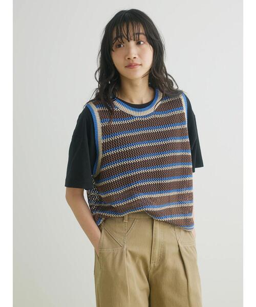 CRAFT STANDARD BOUTIQUE(クラフトスタンダードブティック)の「ボーダーメッシュベスト(ベスト・レディース・ブラウン/ベージュ・FREE)」の3枚目の写真