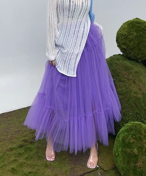 me+em select（ミームセレクト）の「【 ４color 】ギャザーボリュームカラーリングチュールスカート（スカート・レディース・ブラック/ホワイト/パープル/イエロー・FREE）」の3枚目の写真