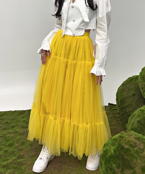 me+em select（ミームセレクト）の「【 ４color 】ギャザーボリュームカラーリングチュールスカート（スカート・レディース・ブラック/ホワイト/パープル/イエロー・FREE）」の12枚目の写真