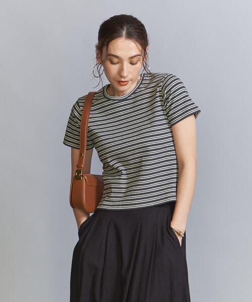 コットンブレンドマルチボーダーコンパクトTシャツ