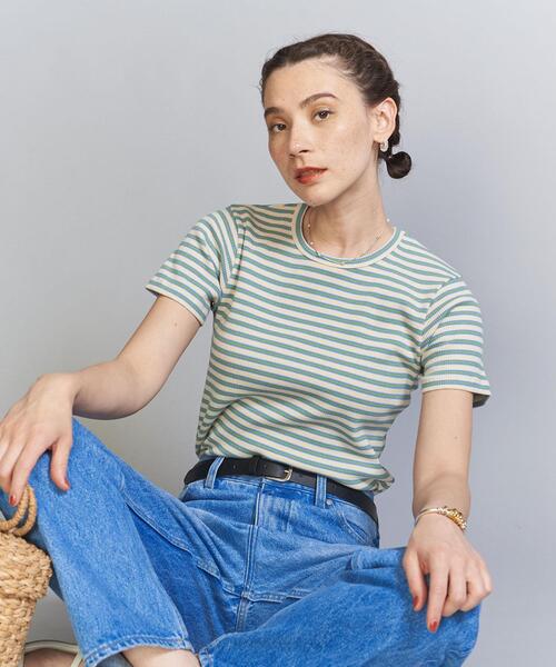 コットンブレンドマルチボーダーコンパクトTシャツ