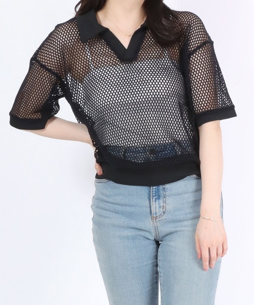 Salong hameu(サロン ハミュー)の「メッシュニット スキッパーポロシャツ(ニット/セーター・レディース・グリーン/ブラック/オフホワイト・M/L)」の14枚目の写真